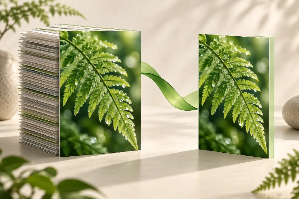 Illustration of a thick image stack becoming a slim picture card with crisp leaf detail