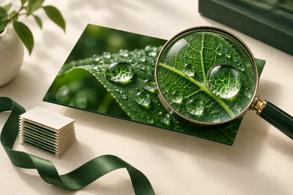 Magnifying glass inspecting fine leaf veins and droplets on a compact image card