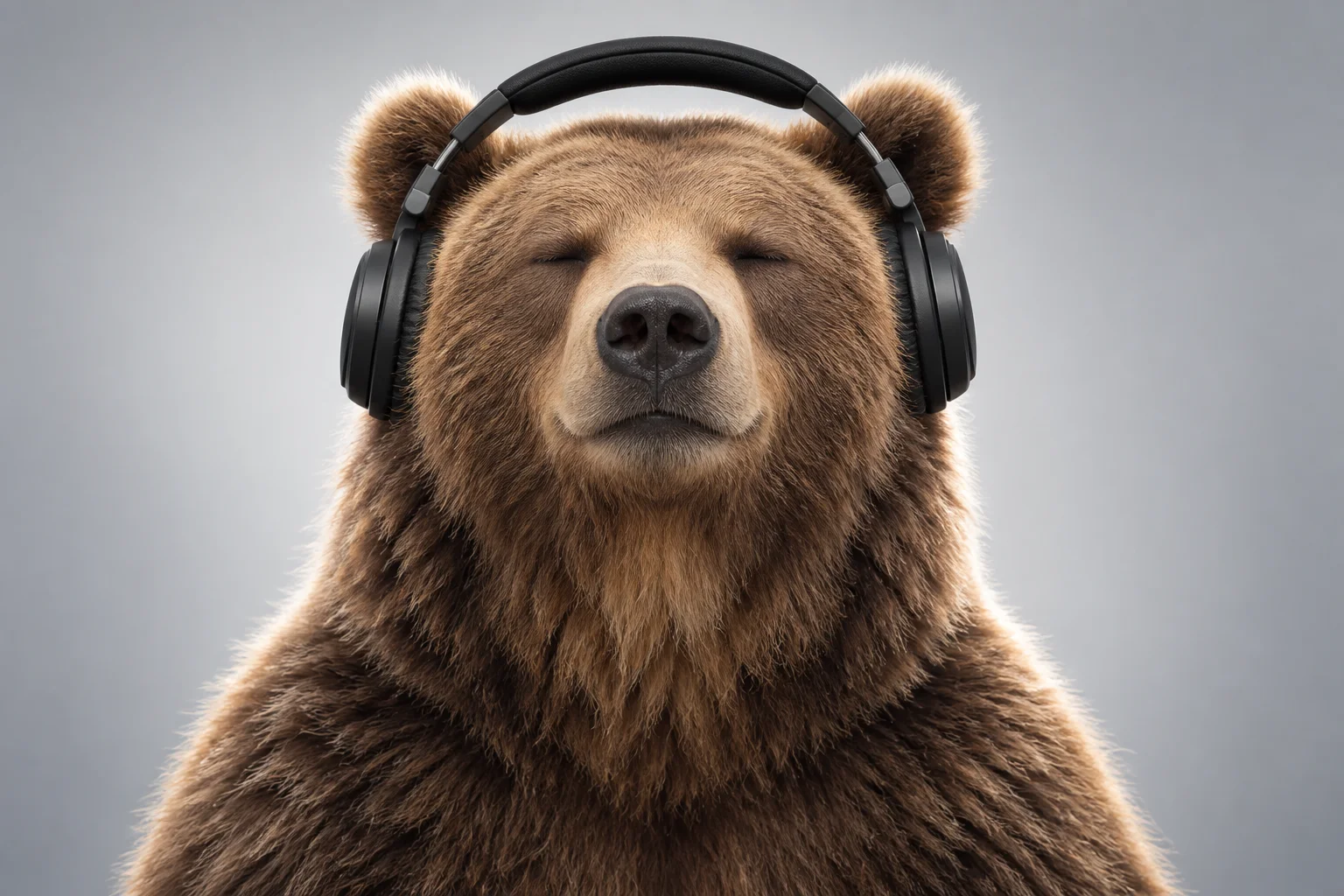 Peaceful brown bear wearing black over-ear headphones