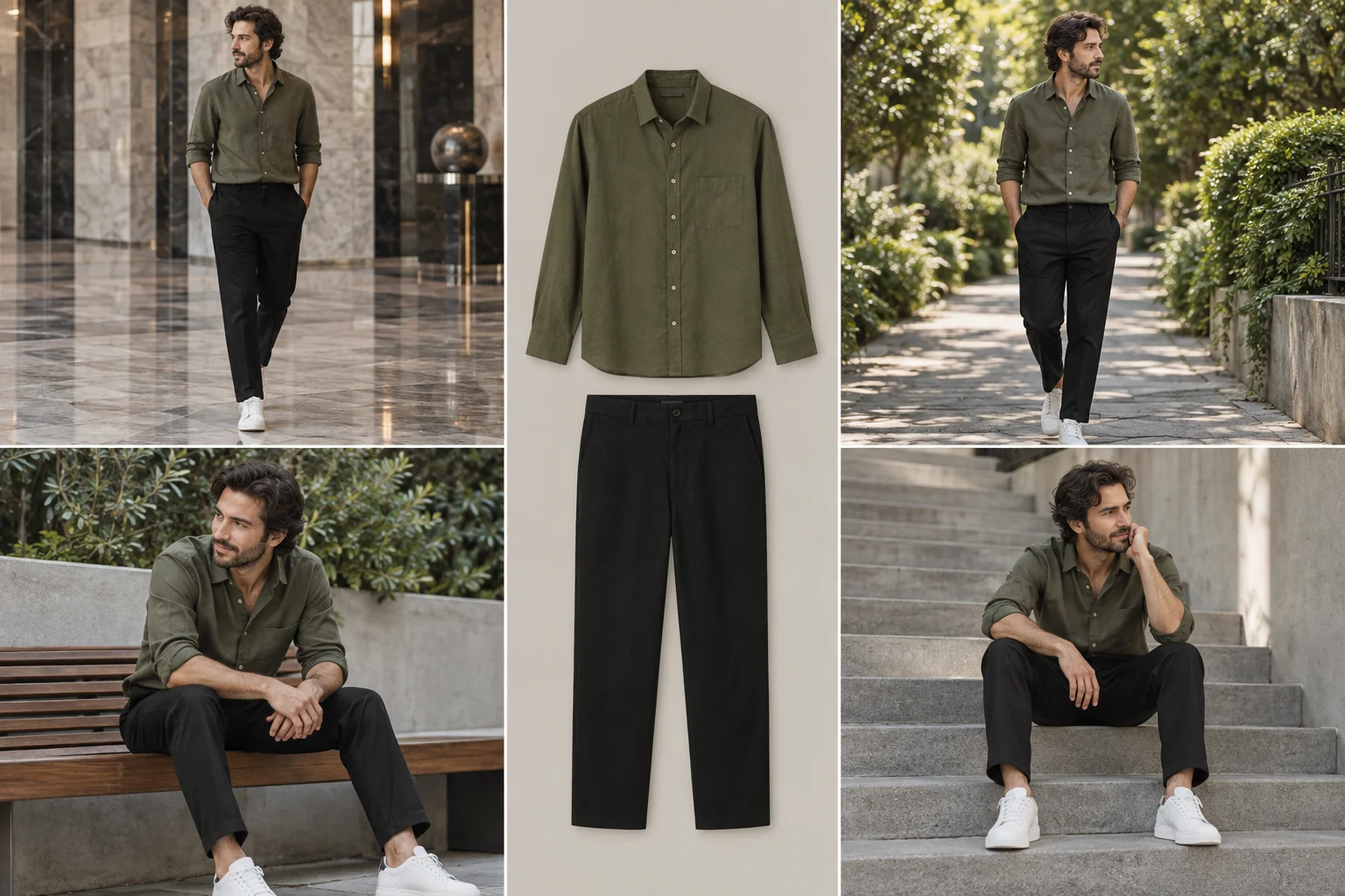Five-section lookbook with an olive shirt and black trousers