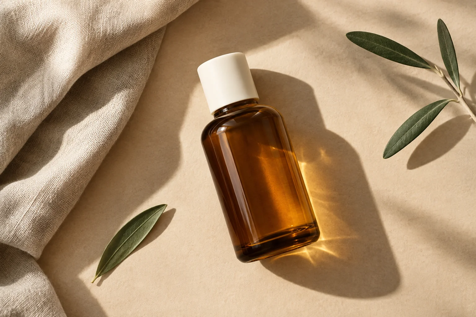 Amber bottle on a beige surface with linen and olive leaves