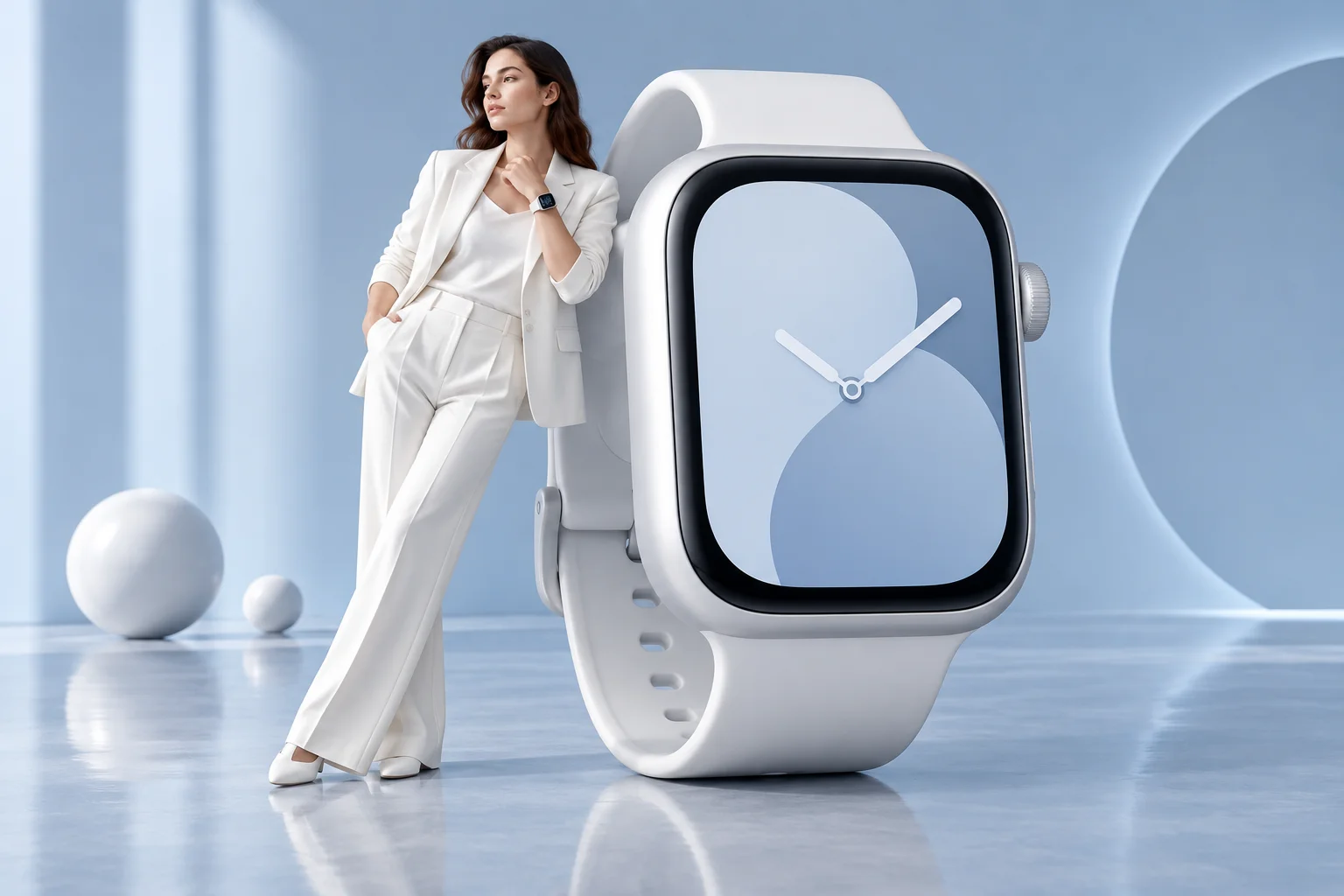 Large white smartwatch beside an adult model in a white suit