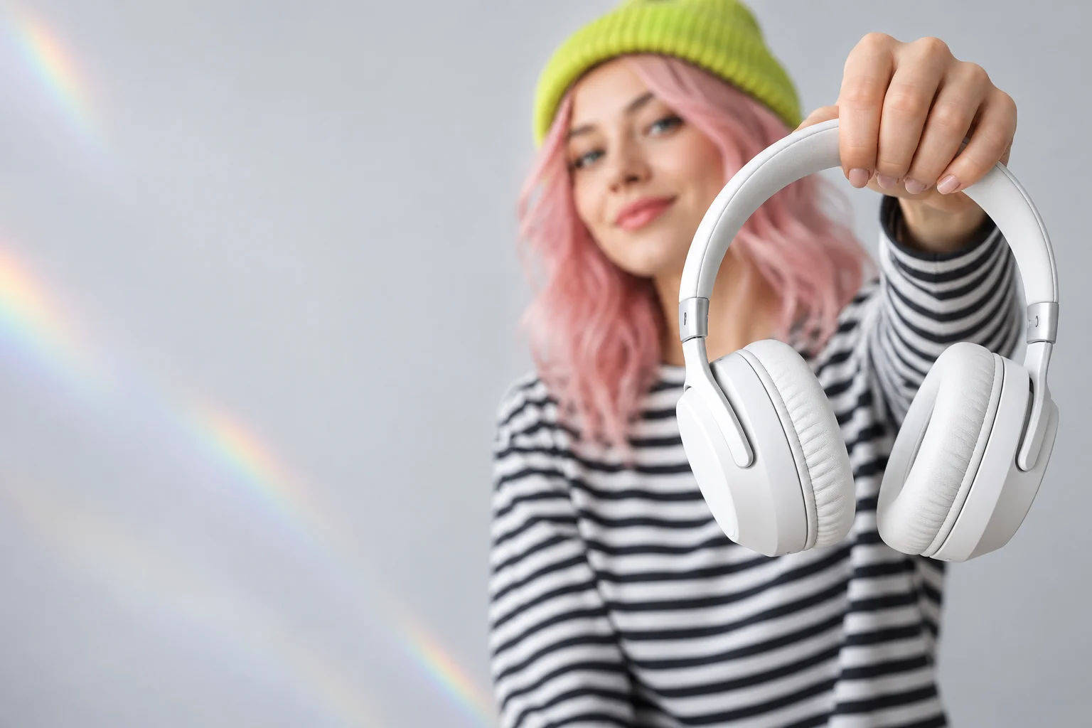 White headphones in the foreground with a model and space for annotations