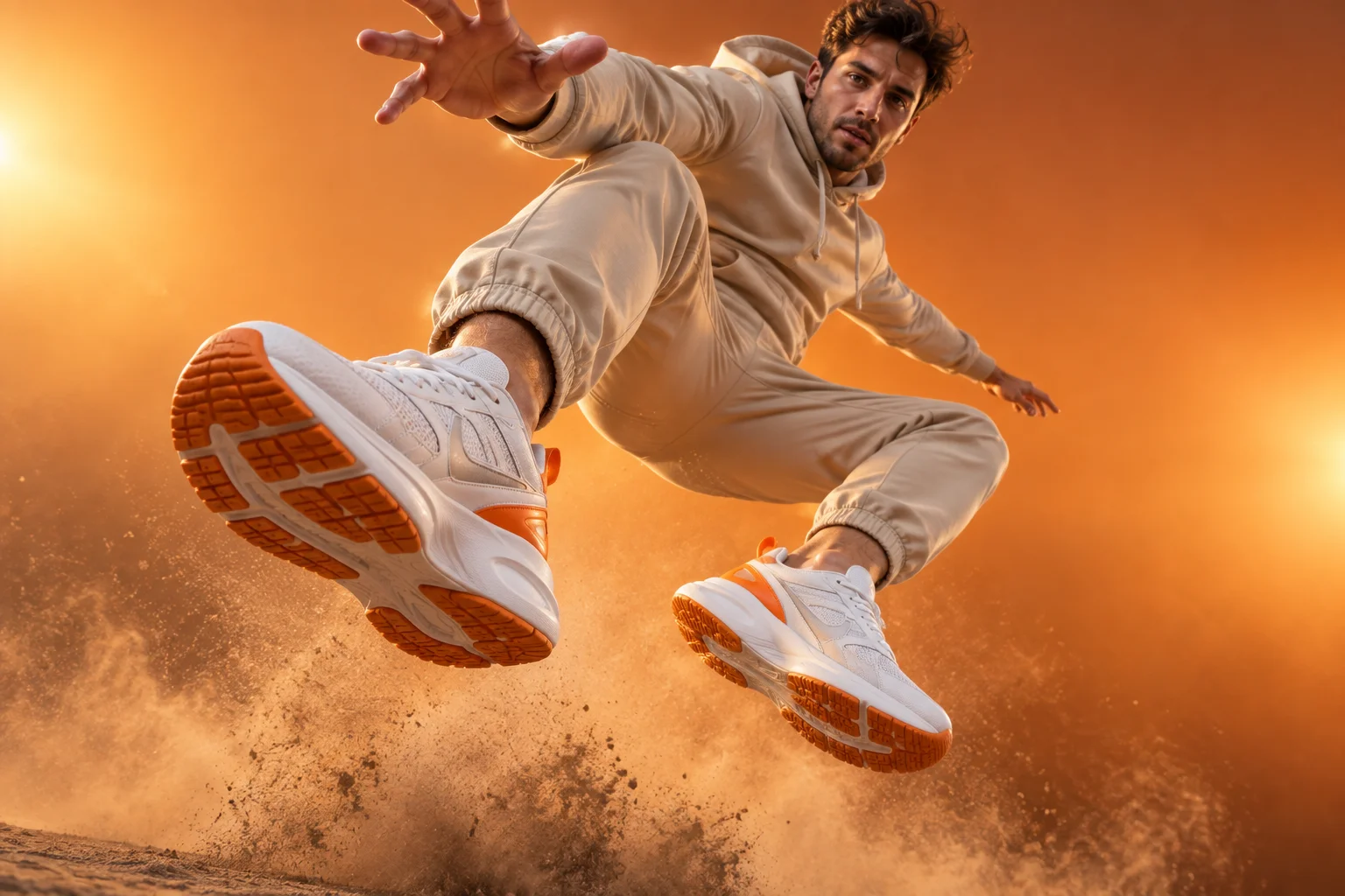 Athlete jumping toward the camera in white and orange sneakers