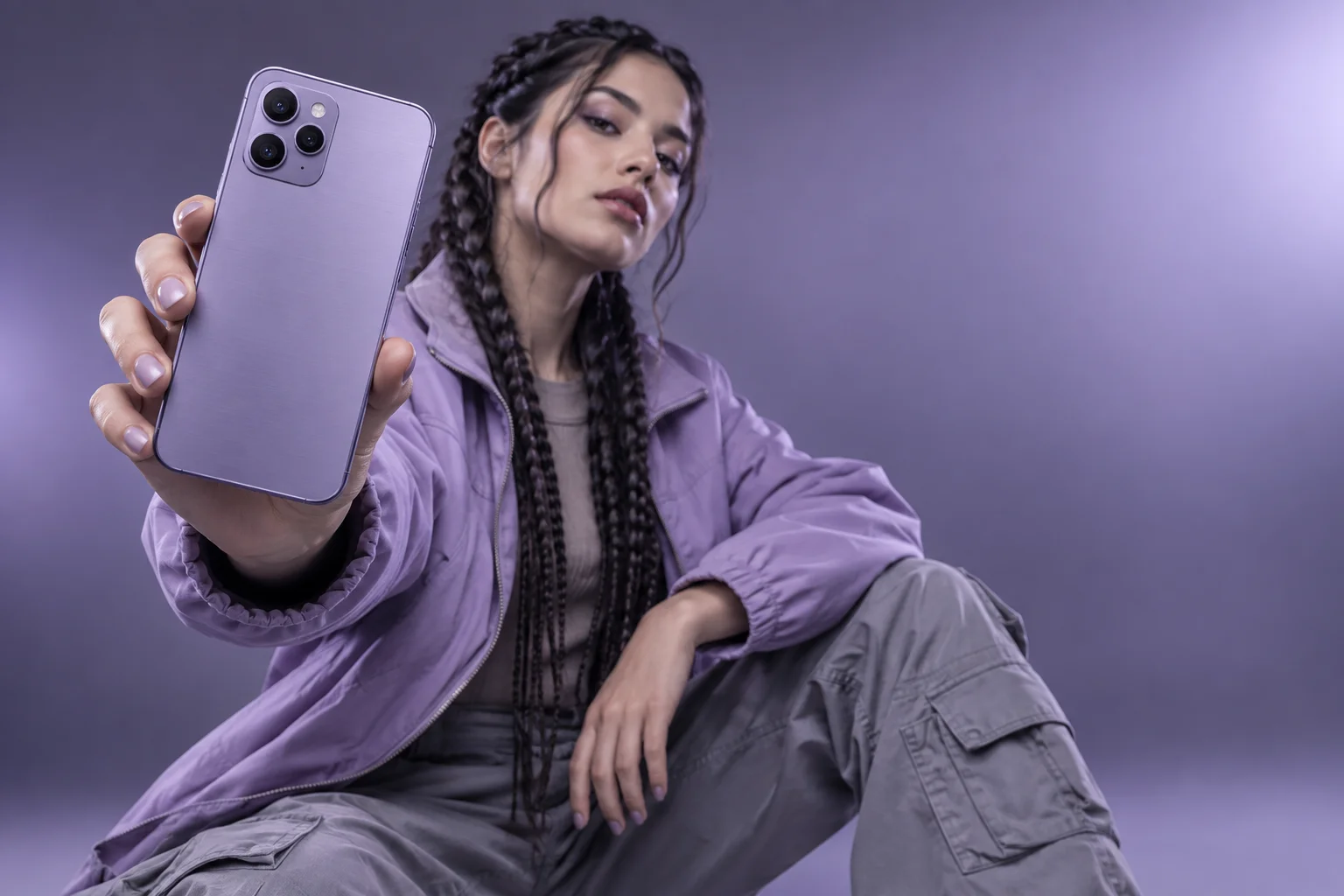 Lavender smartphone presented by a model in coordinated clothing