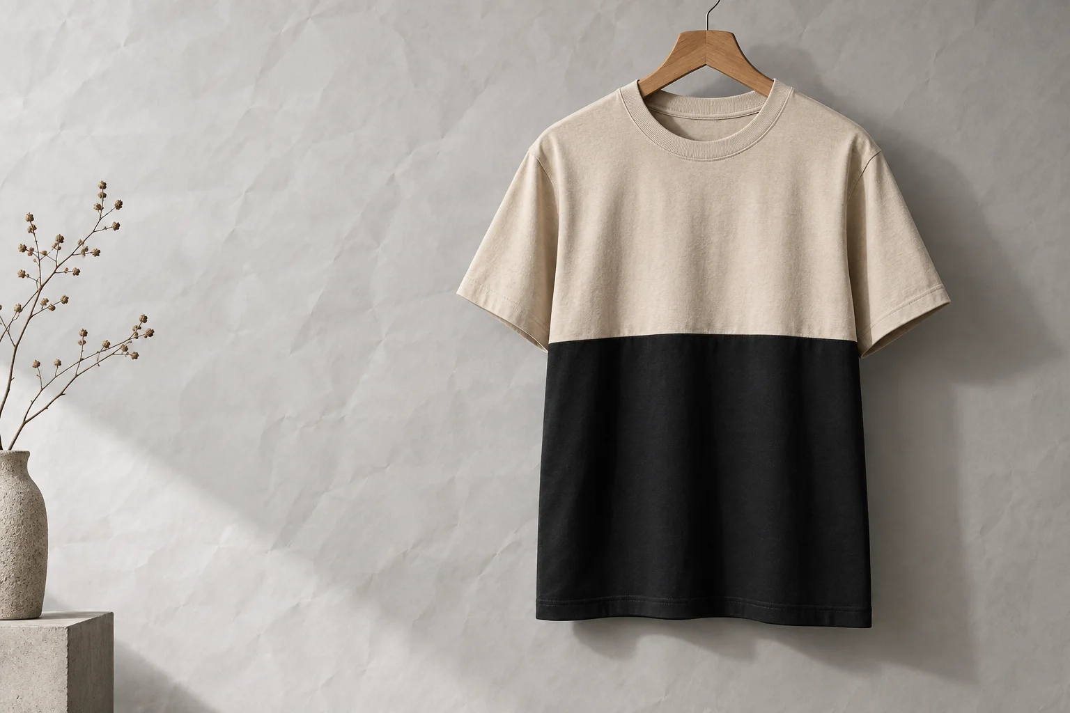 Cream and black T-shirt on a wooden hanger