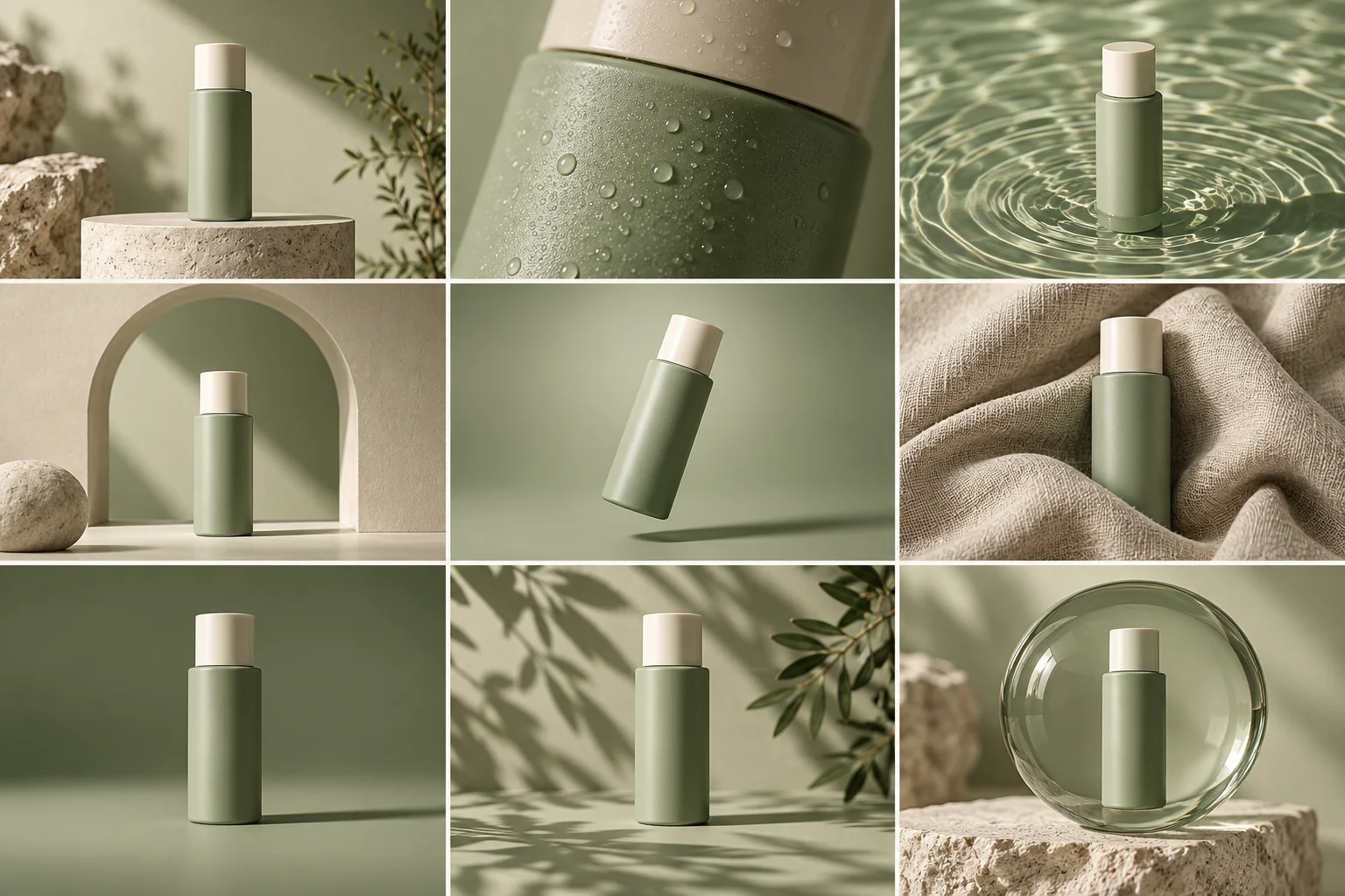 Nine-panel campaign contact sheet featuring a sage skincare bottle