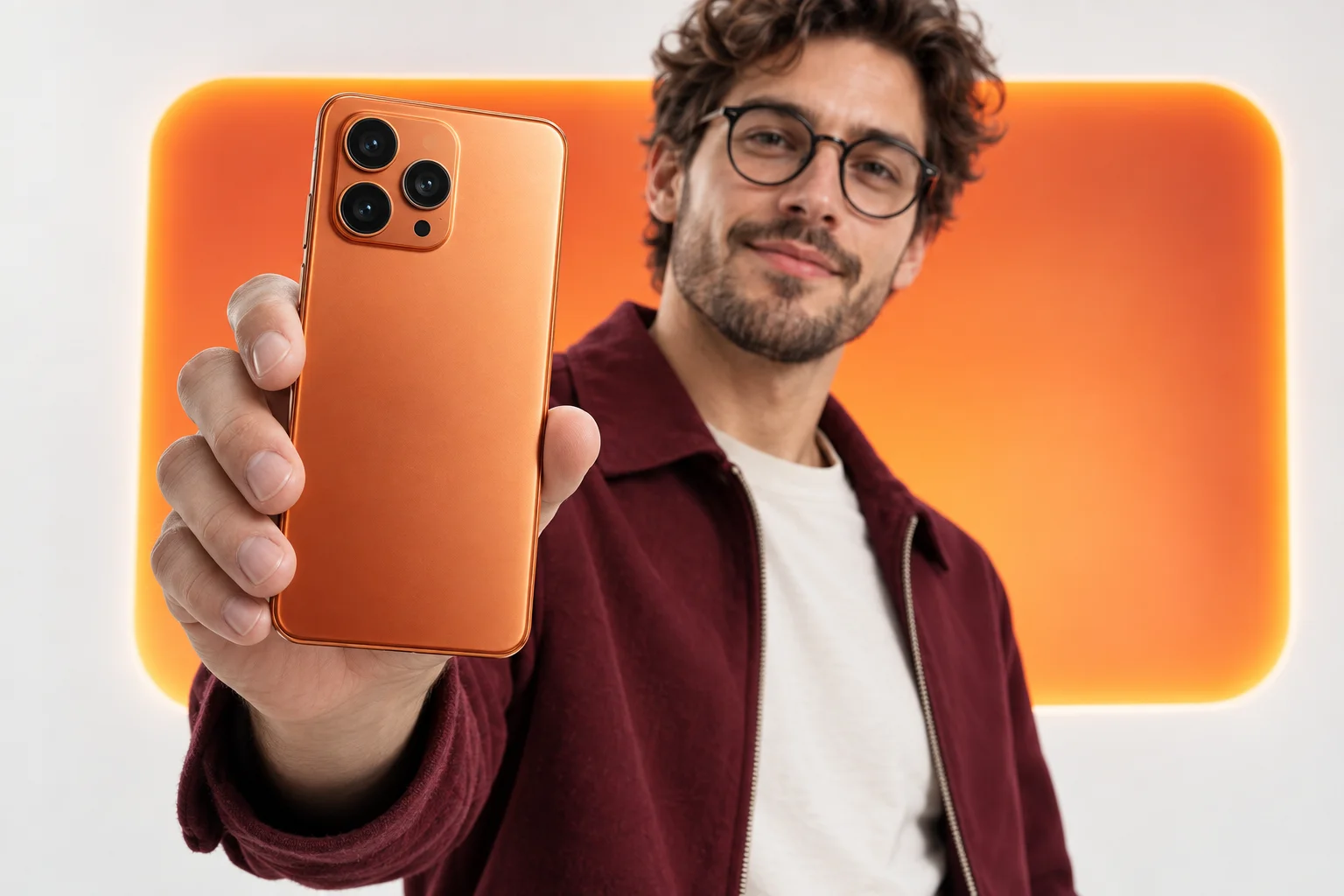 Orange smartphone presented by a model in a burgundy jacket