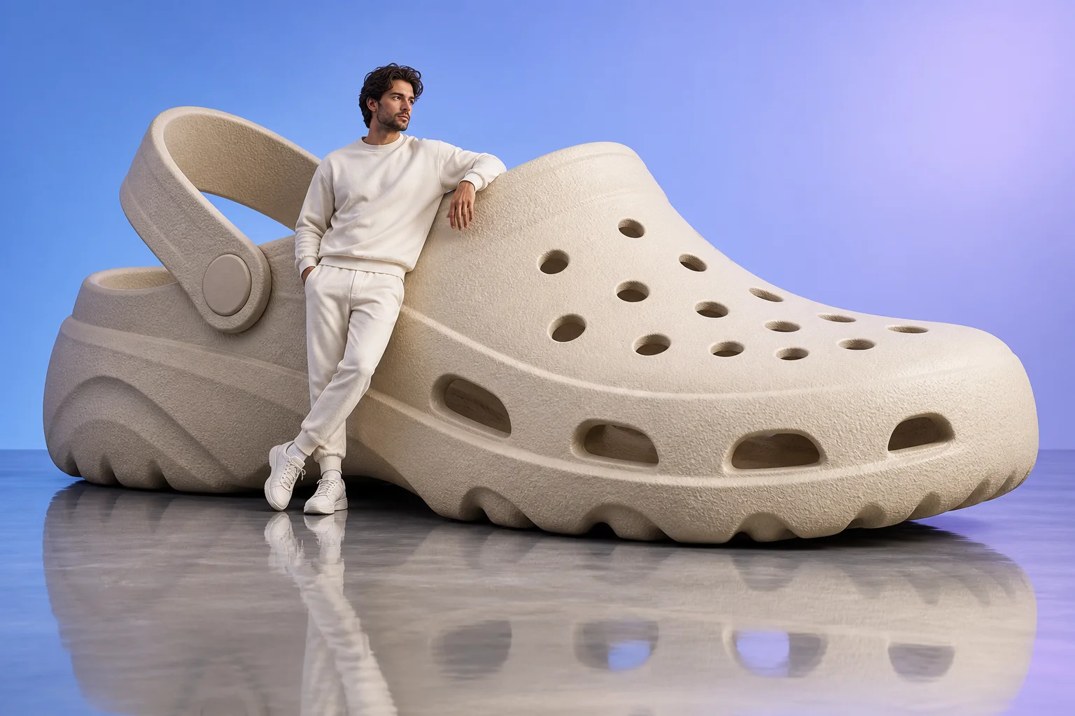 Adult model leaning beside an oversized beige foam shoe