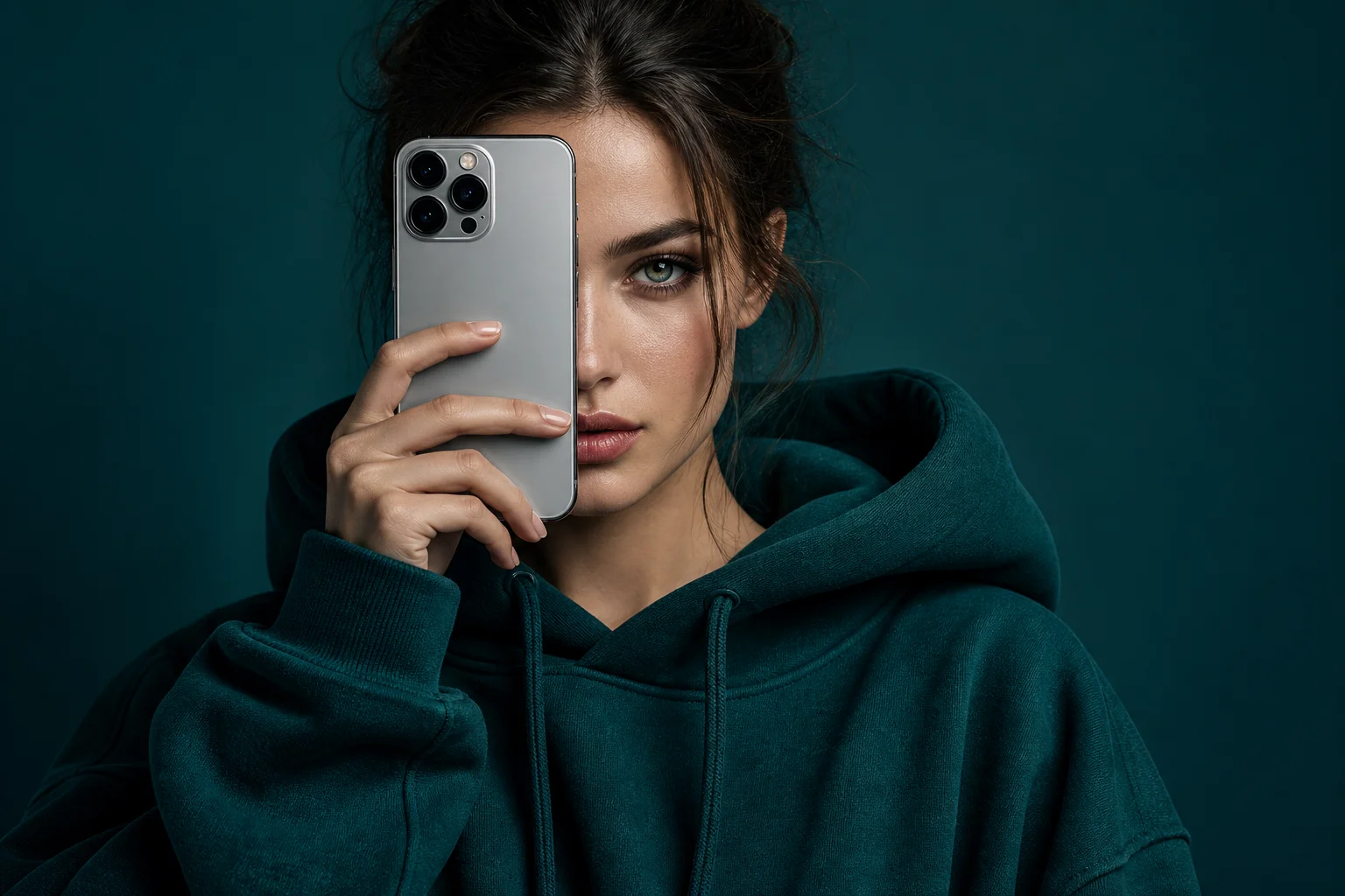 Silver smartphone held over one eye against a dark teal backdrop
