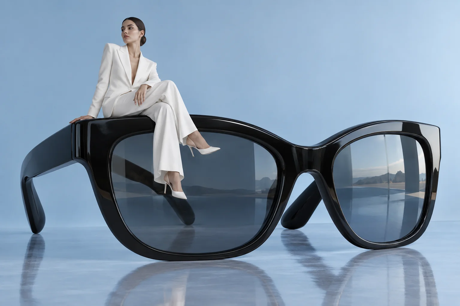 Adult model seated on a giant black sunglasses frame