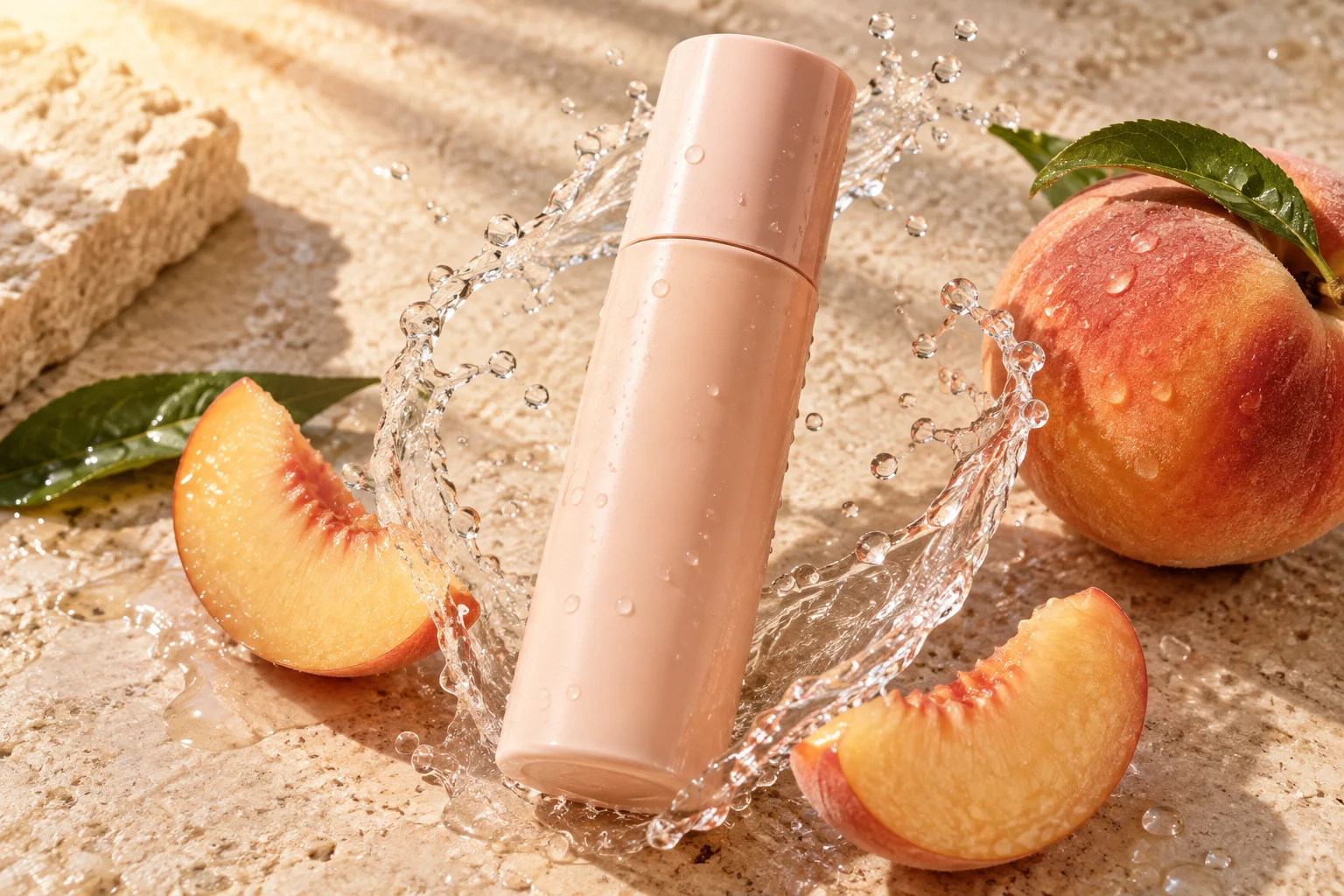 Peach-colored bottle surrounded by water droplets and peach pieces