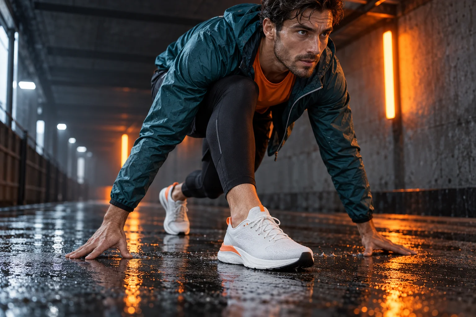 Runner preparing to sprint on wet pavement in white and orange shoes