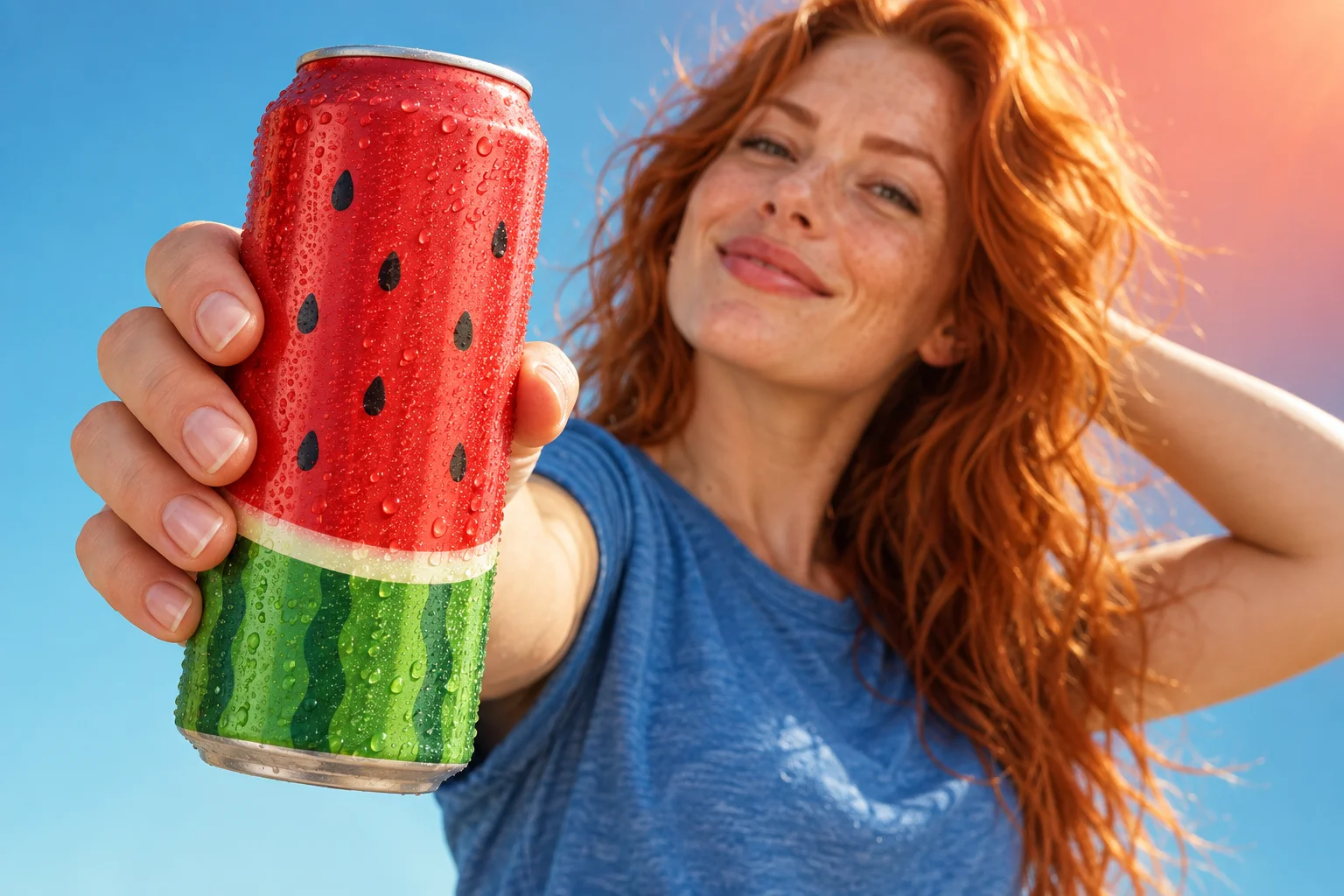 Watermelon-themed can held toward the camera against a summer backdrop