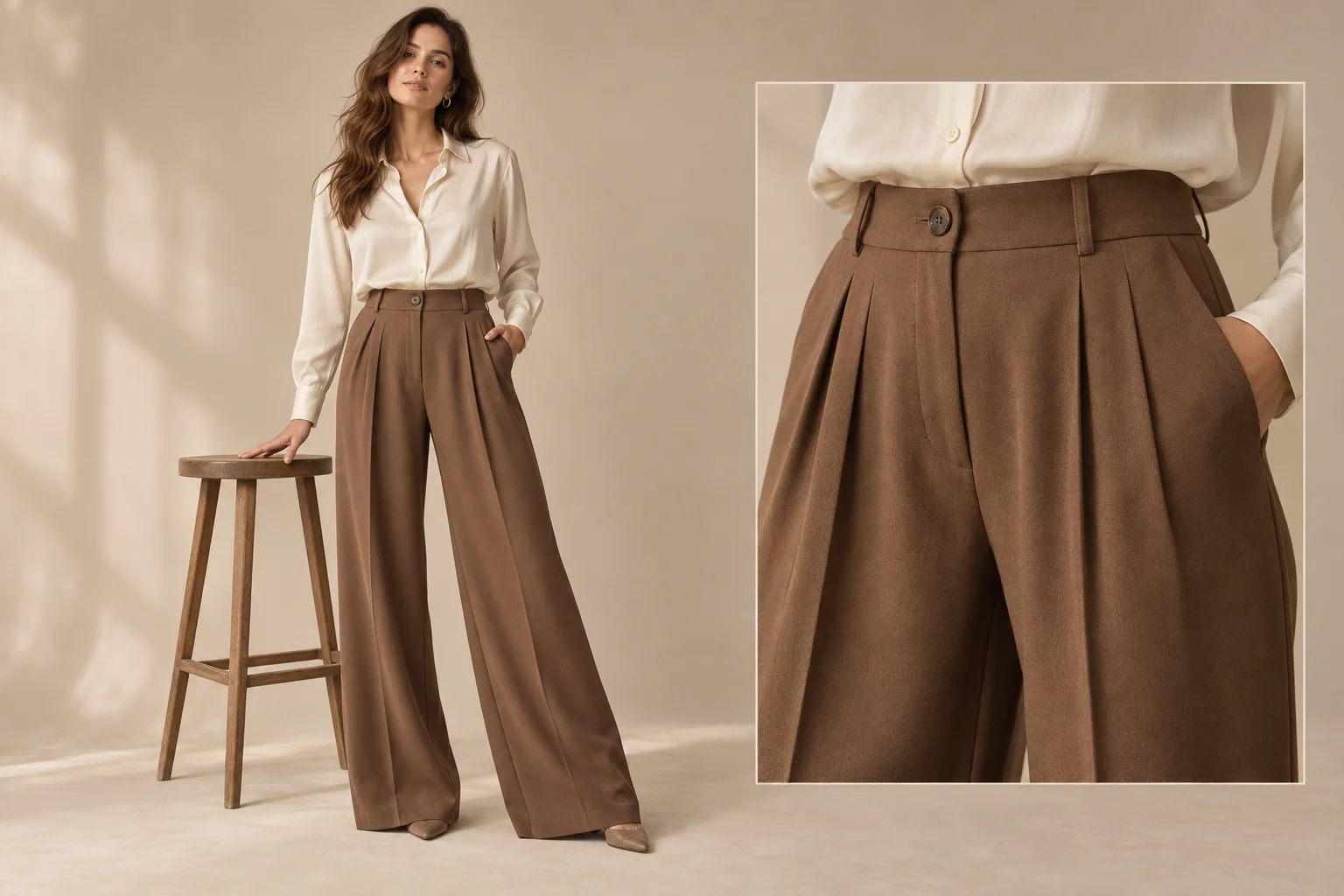 Brown wide-leg trousers with a close-up waistband inset