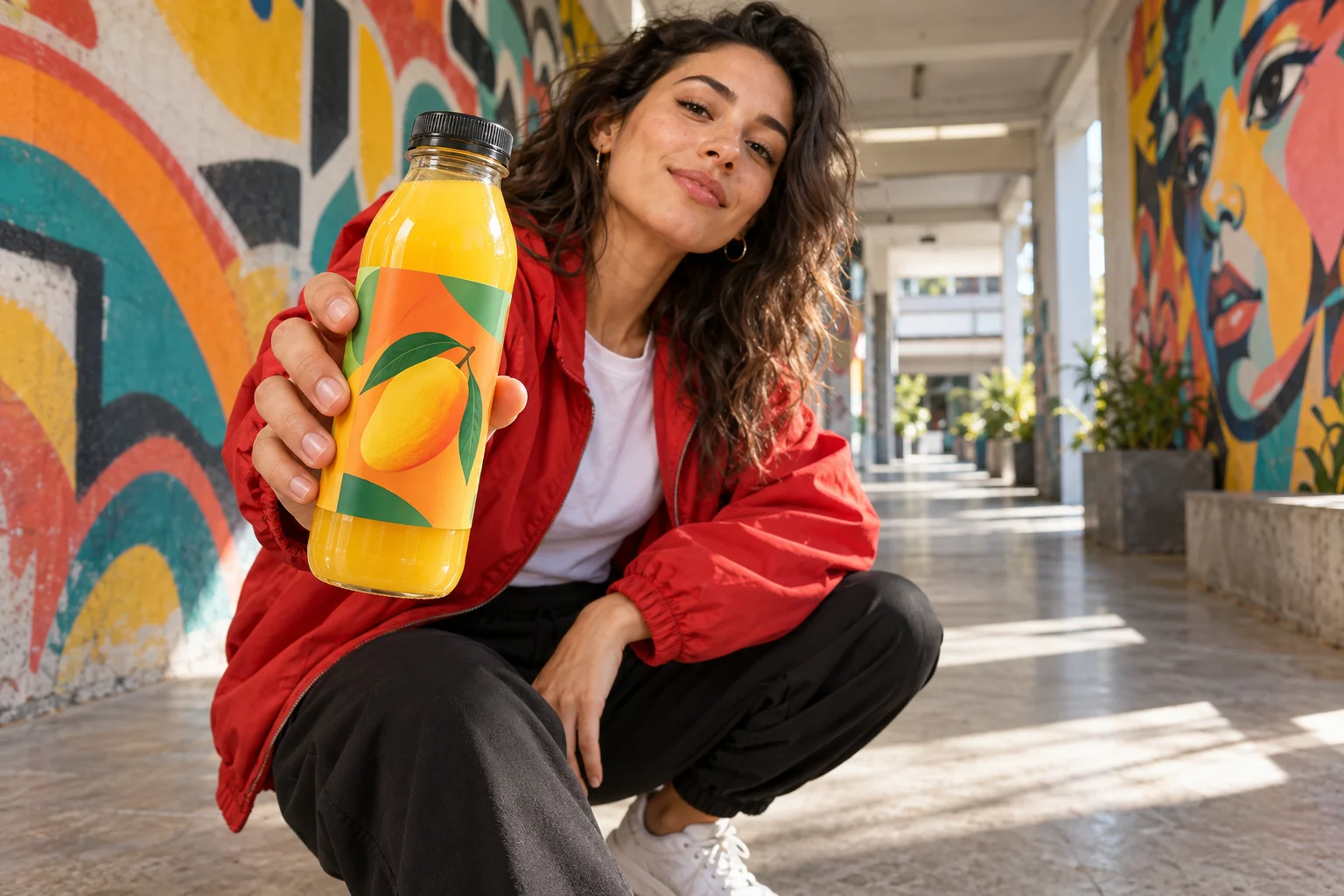 Mango juice bottle held forward in a colorful urban hallway